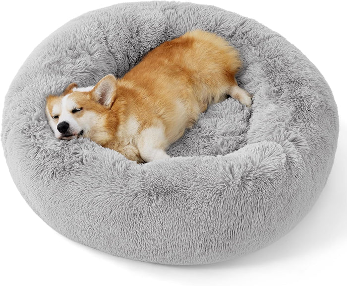 Bedsure Calming Dog Bed for Small Dogs - Donut Washable Small Puppy Bed, 23 inches Anti-Slip Round Fluffy Plush Faux Fur Large Cat Bed, Fits up to 25 lbs Pets, Camel