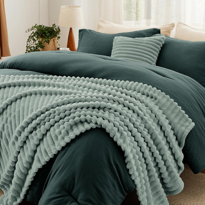 Bedsure Comforter Queen Size 5 Pieces - Queen Size Comforter Set with Checkered Throw Blanket and Decorative Pillow, Lightweiget Bedding, All Season Bedding Sets, Linen Beige
