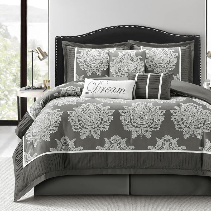 Beige California King Comforter Set 7 Pieces, Jacquard Woven with Damask, Bedding Set in a Bag Includes Comforter, Bed Skirt, Pillow Shams, and Decorative Pillows