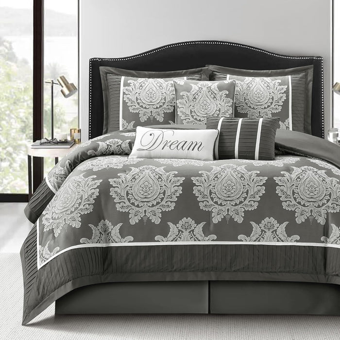 Beige California King Comforter Set 7 Pieces, Jacquard Woven with Damask, Bedding Set in a Bag Includes Comforter, Bed Skirt, Pillow Shams, and Decorative Pillows