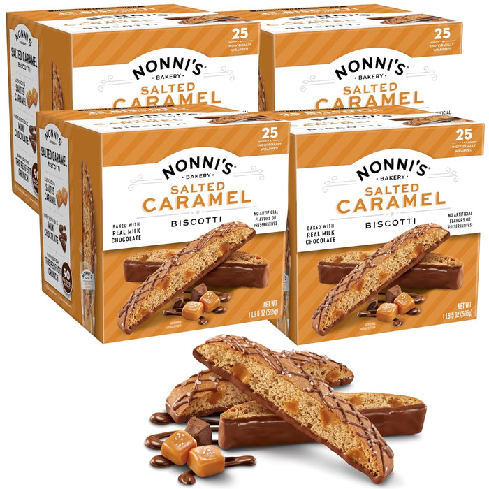 Nonni's Salted Caramel Milk Chocolate Biscotti Cookies — Individually Wrapped Italian Coffee Snack, Crunchy Twice-Baked, 90 Cal Each, 21 oz Carton