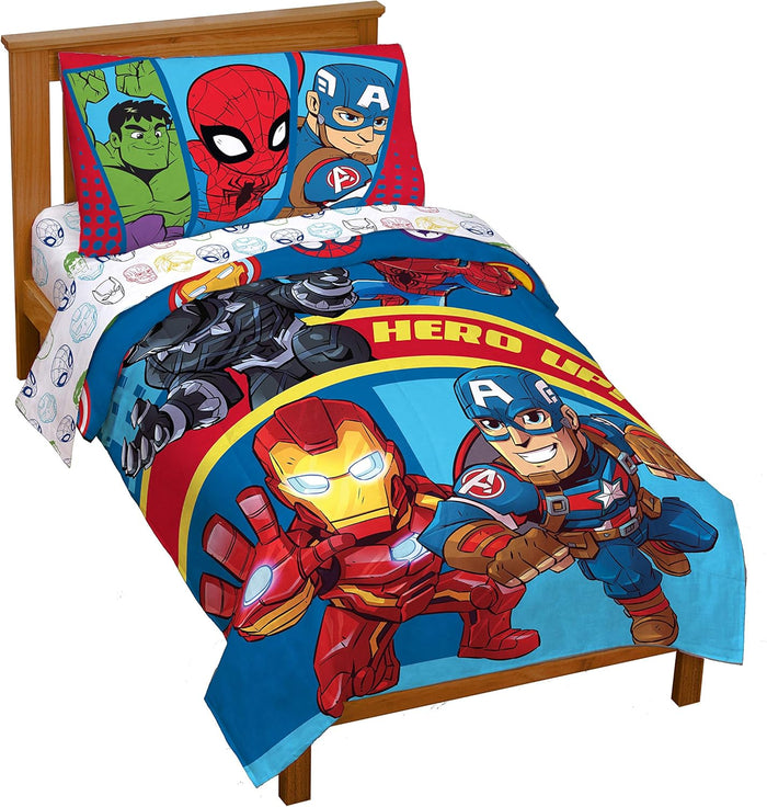 Jay Franco Marvel Avengers Team 4 Piece Twin Bed Set - Includes Reversible Comforter & Sheet Set - Super Soft Fade Resistant Polyester - (Official Marvel Product)