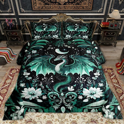 Feelyou Kids Dragon Comforter Set Queen Size, Green Dragon Bedding Set for Kids Boys Girls Boho Duvet Insert Room Decor 3Pcs