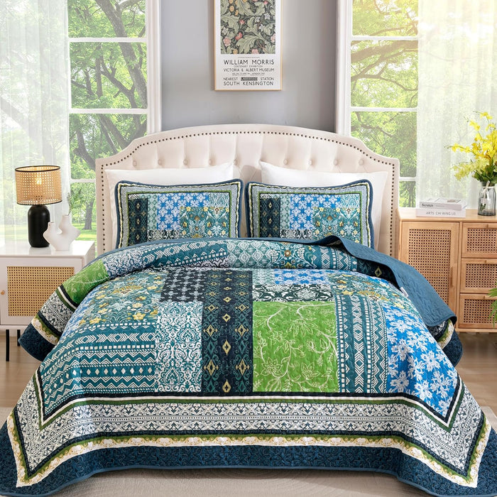 WONGS BEDDING Navy Blue Quilt Set King Size,Bohemian Patchwork Bedspread Coverlet Set, Reversible Farmhouse Floral Pattern Bedspreads Bedding Set for All Seasons (104"x90")