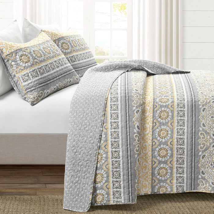 Lush Decor Nesco Stripe Quilt Queen Size 3 Piece Set Full/Queen Yellow & Gray - Striped Bedding Set Queen Quilt - Yellow Quilts - Boho Bedroom Decor