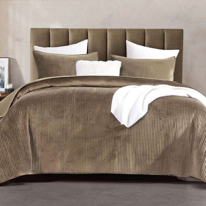 Elegant Comfort Luxury 3-Piece Velvet Corduroy Stripe Quilt Set, Ultra Soft Bedspread - Cozy Velvet Coverlet Set - 3PC Medium Weight Quilted Set with Matching Pillow Shams, Queen, Khaki