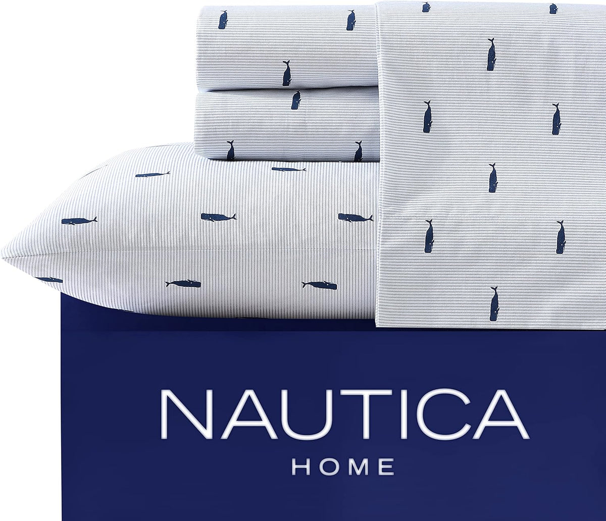 Nautica - Twin Size Sheet Set, Crisp & Tailored Cooling Sheets with a Smooth Cotton Percale Lightweight Feel - Bed Sheets with Matching Pillowcase & Fitted Sheet (Whale Stripe Blue)