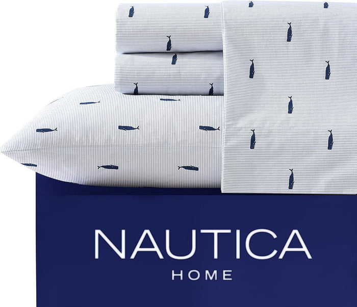 Nautica - Twin Size Sheet Set, Crisp & Tailored Cooling Sheets with a Smooth Cotton Percale Lightweight Feel - Bed Sheets with Matching Pillowcase & Fitted Sheet (Whale Stripe Blue)