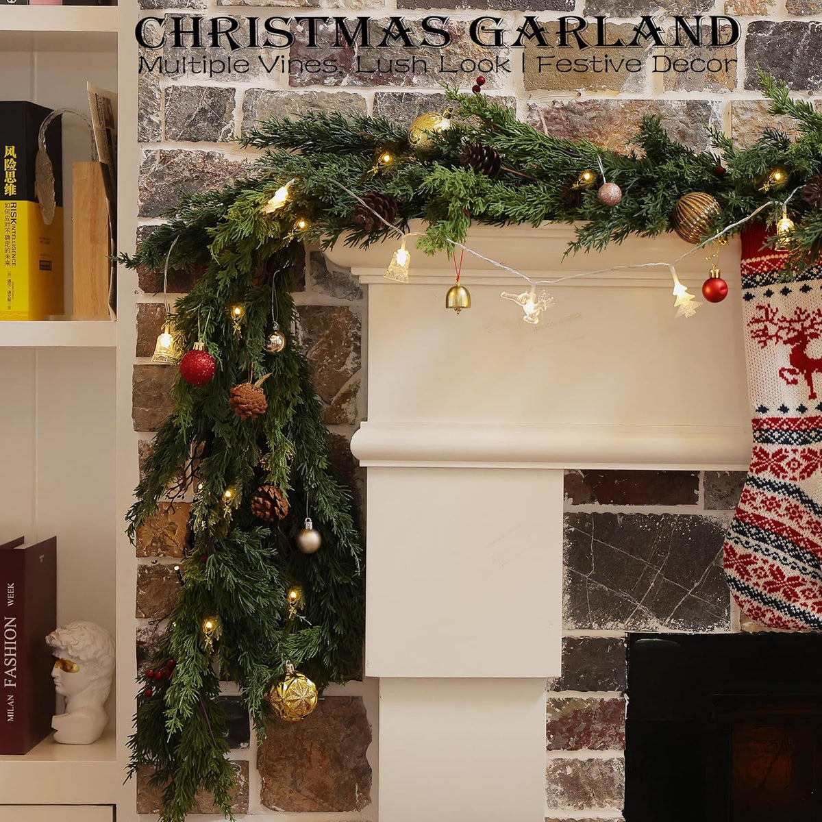 6 Feet Artificial Christmas Garland - Real Touch Cedar Garland - Christmas Decorations for Table,Fireplace,Mantle,Wall, Indoor Outdoor -Garland for Christmas Decorations - Free Battery LED Lights