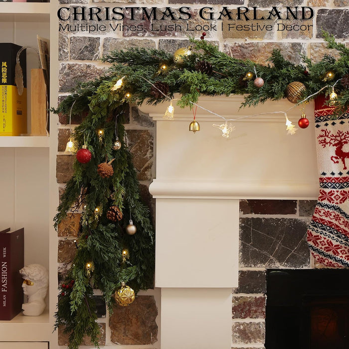 6 Feet Artificial Christmas Garland - Real Touch Cedar Garland - Christmas Decorations for Table,Fireplace,Mantle,Wall, Indoor Outdoor -Garland for Christmas Decorations - Free Battery LED Lights