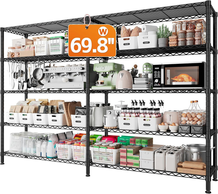 REIBII 69.8" W Storage Shelves 1250LBS Wire Shelving Unit 4 Tier Metal Shelving for Storage Rack Shelves Adjustable Heavy Duty Garage Shelf Pantry Shelves Kitchen Shelving, 69.8"Wx15.8"Dx62.9"H,Black
