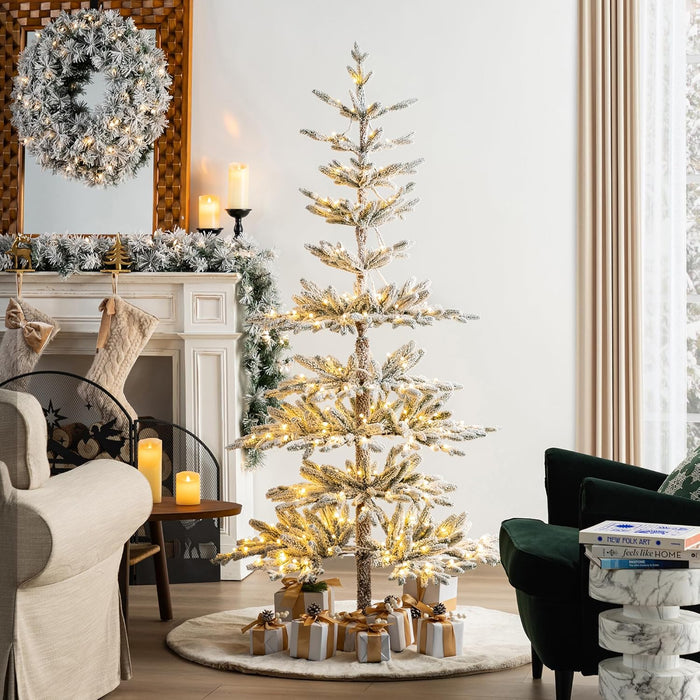 Glitzhome 7.5ft Pre-Lit Flocked Artificial Christmas Tree, Portland Snowy Pine Pencil Christmas Tree with 300 LED Lights, 9 Functional Warm White/Multi-Color, Remote Controller