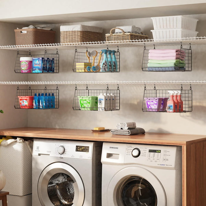 3-Pack Hanging Laundry Room Organizaton：Foldable Laundry Basket Wire Basket with 360°Rotating Hooks Small Space Organization Over Washer and Dryer Shelves - Hanging Closet Organizer, Black Patent