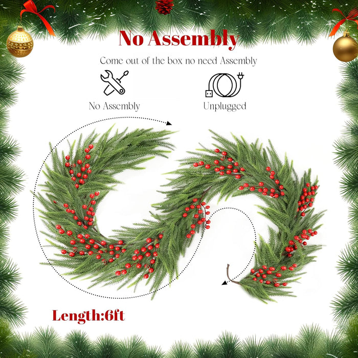 Christmas Norfolk Pine Garland,Real Touch Faux Winter Greenery Garland with Light for Stairs Table Fireplace Backdrop Wall,Christmas Holiday Seasonal Winter Decor (6ft)