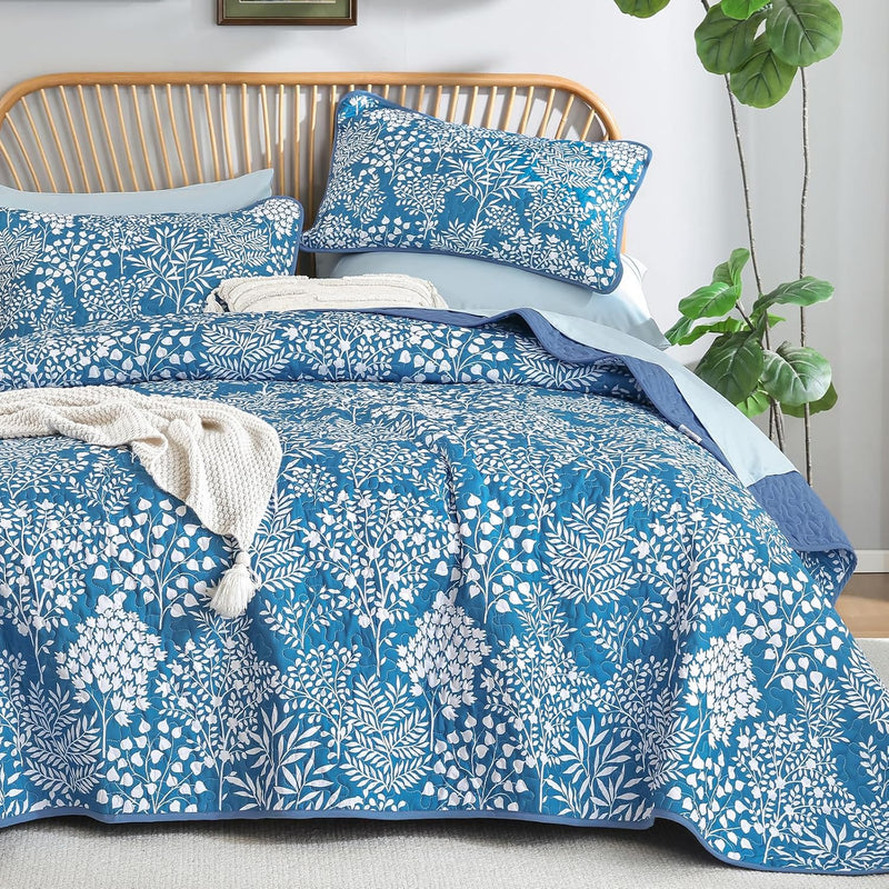 WONGS BEDDING Gray Quilt Set King Size, Botanical Print Bedspread Coverlet Set, Soft Lightweight Farmhouse Floral Quilt Bedding Set for All Season (104"x90")