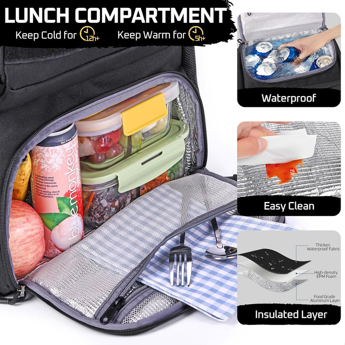 MOZETO Laptop Lunch Backpack for Men, Tactical Inspired Utility Anti-Theft Work Bag with Cooler Compartment Lunchbox (Black, 17 Inch)