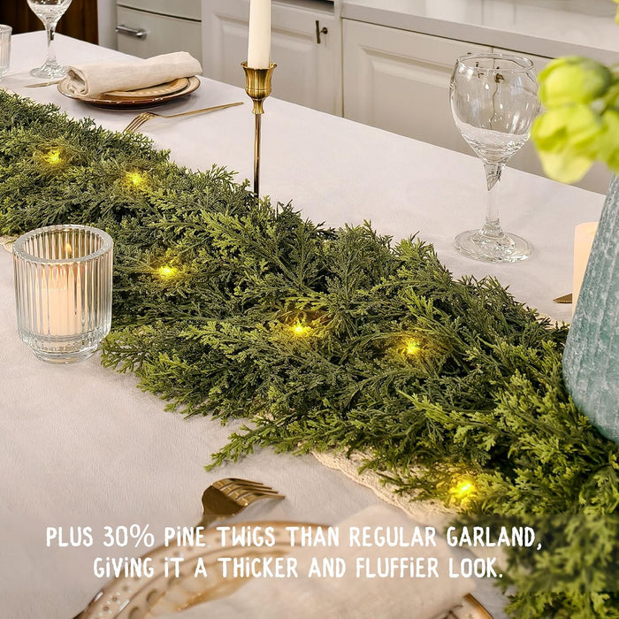 6ft Christmas Garland with Lights, Cedar Garland, Thick Realistic Green Cedar Pine Garland for Mantle, Stairs Railing, Indoor Outdoor New Year Decoration with Smart Timer