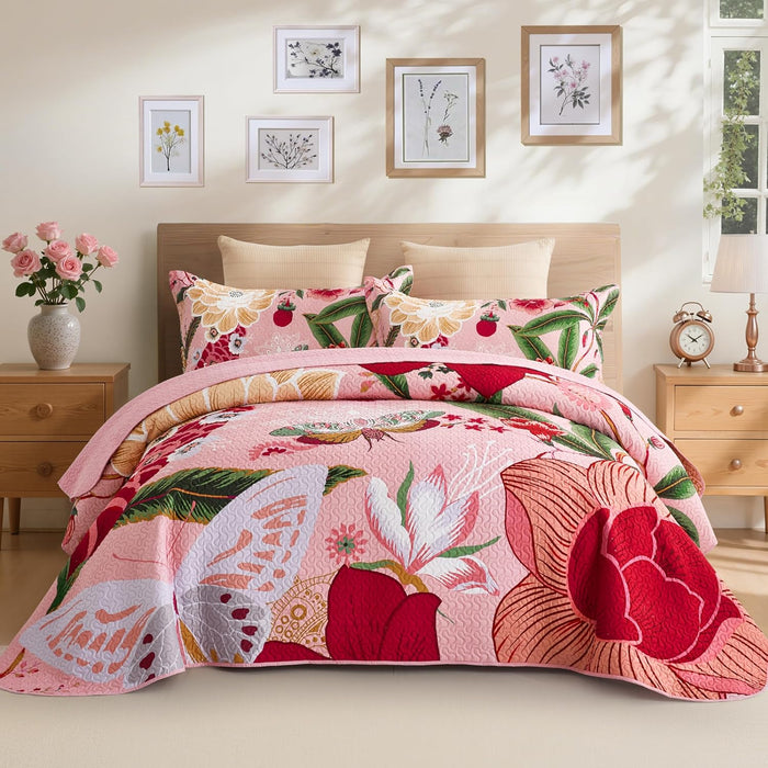 3 Piece Green Boho Floral Full/Queen Quilt Sets Farmhouse Botanical Reversible Lightweight Bedspread Coverlet with 2 Shams Butterfly Microfiber Bedding Quilts Set for All Season, 90''x96''