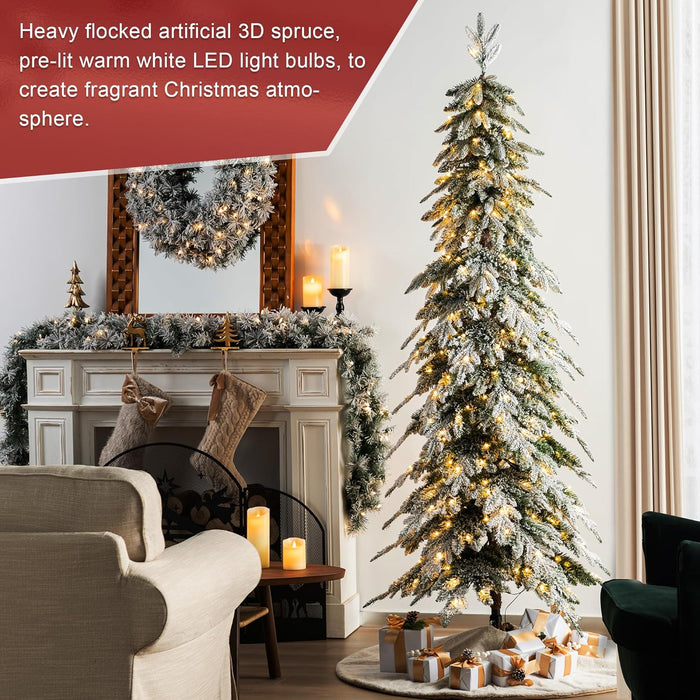 Glitzhome 7.5ft Artificial Christmas Tree, Pre-Lit Flocked Pencil Christmas Tree Chicago Frostwood Spruce with 350 Warm White Lights Home, Office, Holiday Decoration