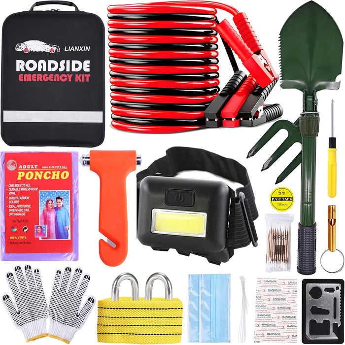 Roadside Assistance Emergency Kit - Car Emergency Kit with Jumper Cables (Upgraded) Emergency Roadside Kit for Car 142 Pieces Car Safety Kits,Tow Strap,Tool Kit,Reflective Warning Triangle