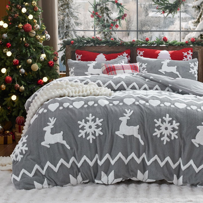 Bedsure Fluffy Duvet Cover Set - Ultra Soft Plush Shaggy Comforter Cover King Size, Warm Flannel Fleece Bed Sets for Winter, 3 Pieces, Snowflake Pattern, Grey