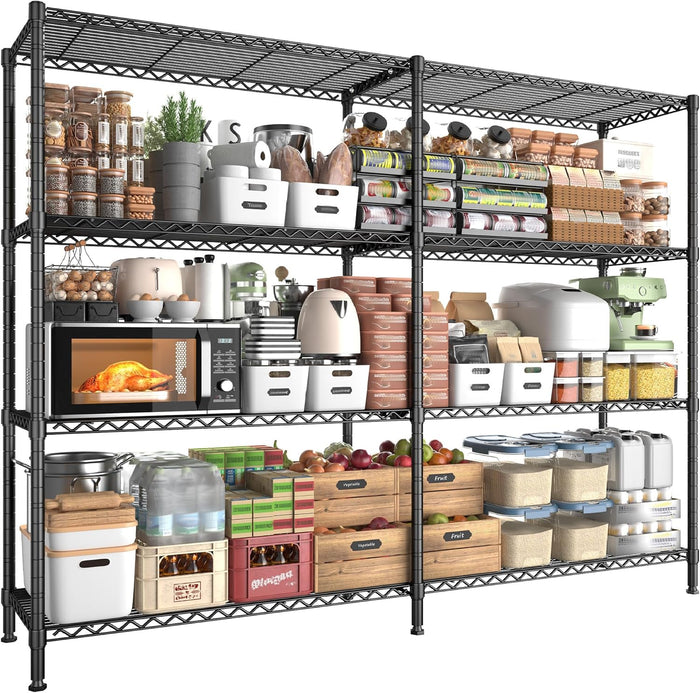 REIBII 69.8" W Storage Shelves 1250LBS Wire Shelving Unit 4 Tier Metal Shelving for Storage Rack Shelves Adjustable Heavy Duty Garage Shelf Pantry Shelves Kitchen Shelving, 69.8"Wx15.8"Dx62.9"H,Black