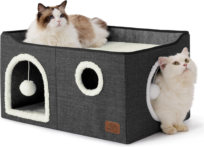 Bedsure Cat Beds for Indoor Cats - Large Cat Cave for Pet Cat House with Fluffy Ball Hanging and Scratch Pad, Foldable Cat Hideaway, 16.5x16.5x13 inches, Grey