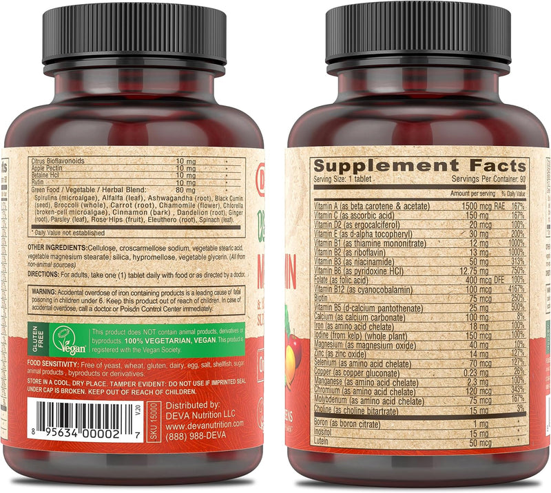 DEVA Vegan Multivitamin & Mineral Supplement with Iron 2-Pack, Spirulina, Chlorella, Ashwagandha, Broccoli & More, 90 Coated Tablets Each