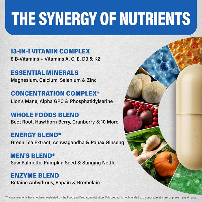 Multivitamin for Men - B-Complex | Whole Foods & Enzymes - Energy, Focus & Brain | Men's Health Complex - 46in1 Mens Multivitamin - Bioavailable & Gentle on Stomach - Made in USA - 90 Capsules, 1/Day