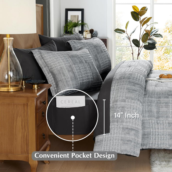 MaiRêve Charcoal Grey Queen Comforter Set, Textured Design Grey Crinkle Bed in A Bag Queen Size, Queen Comforter Set with 7 Pieces with Comforter, Sheets, Pillowcases & Shams 90"x 90"