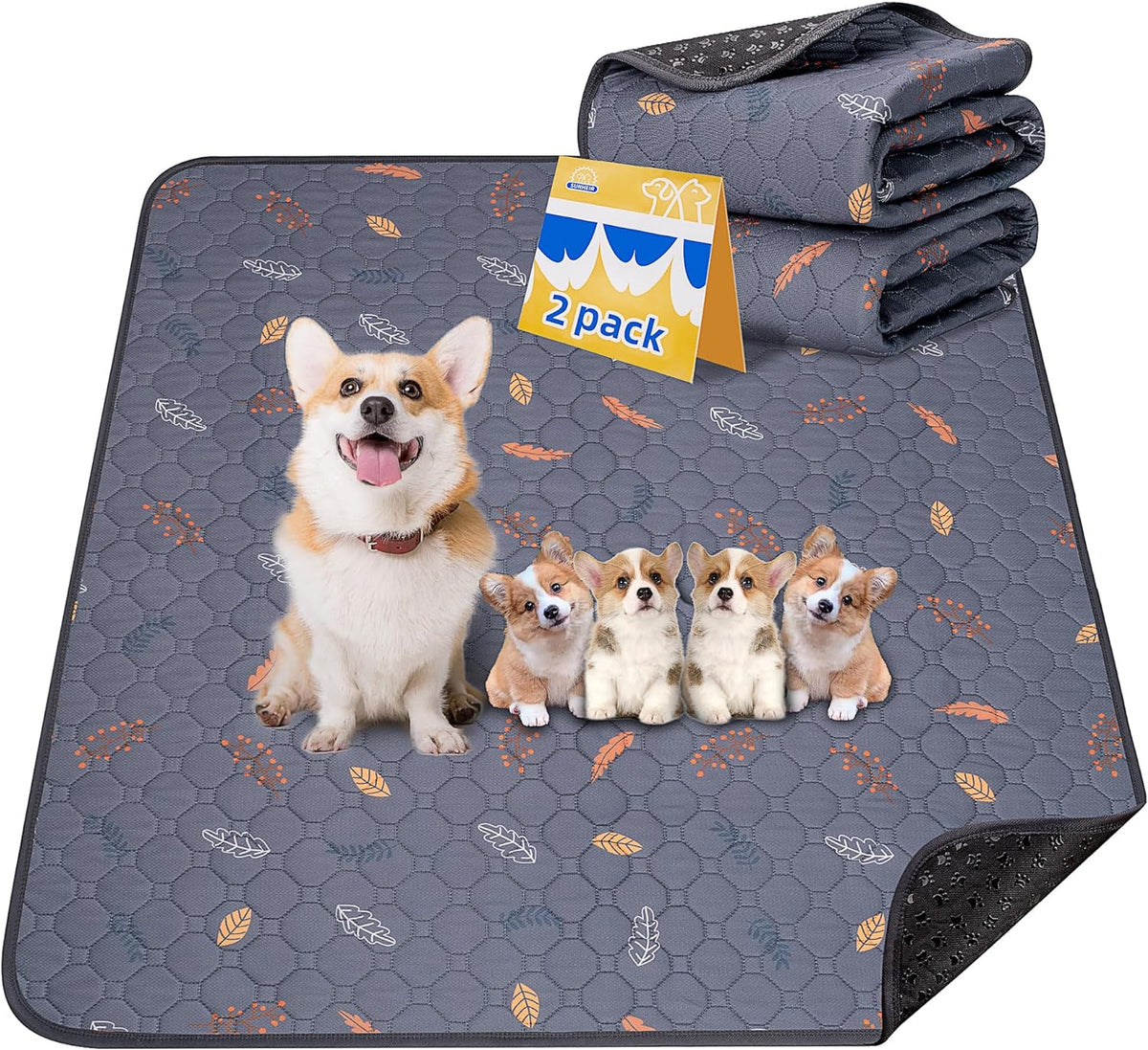 Sunheir Washable Pee Pads for Dogs , Thick Heavy Absorbency Reusable, Prevent Leakage, Waterproof , Non-Slip Pee Pads for Puppy Playpen, Crate, Whelping Box, Potty Training, Grey, 2 packs