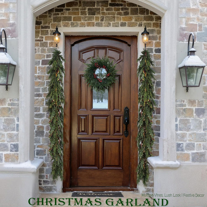 6 Feet Artificial Christmas Garland - Real Touch Cedar Garland - Christmas Decorations for Table,Fireplace,Mantle,Wall, Indoor Outdoor -Garland for Christmas Decorations - Free Battery LED Lights