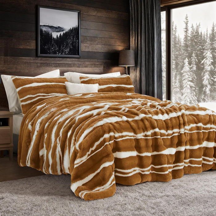 Wonderful 3 Pieces Fluffy Faux Rabbit Fur Bubble Comforter Set King Size, Tie-Dyeing Multiple Grey Plush Fuzzy Bedding Set, Warm Soft Bubble Comforter Bedding Set for Winter
