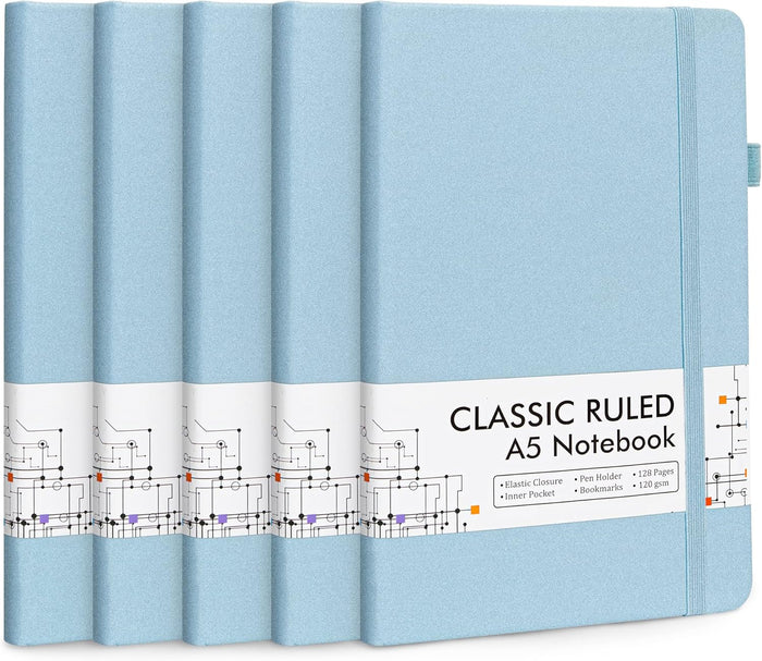 feela 5 Pack Notebooks Journals Bulk, Hardcover Classic Ruled Lined Journals with Pen Holder for Women Girls School Business Supplies, with 5 Black Pens, 120 GSM, 5.1”x8.3”, A5, Mild Colors