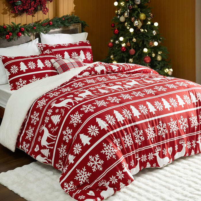 Bedsure Fluffy Christmas Comforter Set King - Christmas Bedding with White Snowflake, Warm Fleece Bed Sets for Winter, 3 Pieces, 1 Soft Plush Shaggy Comforter with 2 Pillowcases