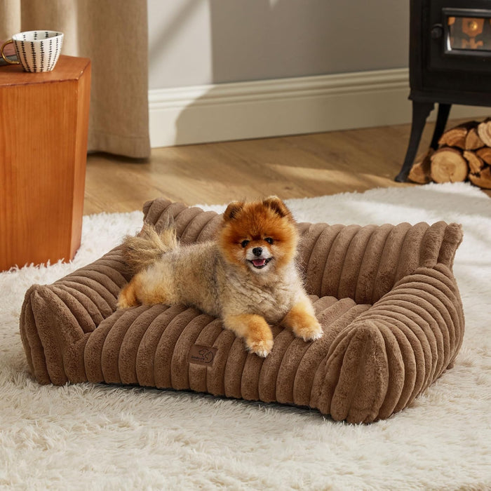 Bedsure Cute Cat Couch for Pets - Fluffy Cat beds with Premium Soft Corduroy Fleece, Fuzzy Cats beds for Indoor Cats with Removable Washable Cover, Supportive Pet Sofa, 24inch, Cream
