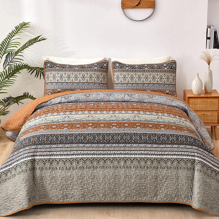 WONGS BEDDING Boho Fall Queen Quilt Set, Blue and Orange Bohemian Queen Quilt Bedding Set, Lightweight Microfiber Bed Decor Bedspread for All Season 96"x90"(3 Pieces)