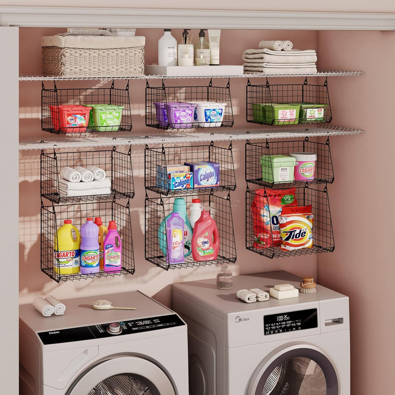 3-Pack Hanging Laundry Room Organizaton：Foldable Laundry Basket Wire Basket with 360°Rotating Hooks Small Space Organization Over Washer and Dryer Shelves - Hanging Closet Organizer, Black Patent