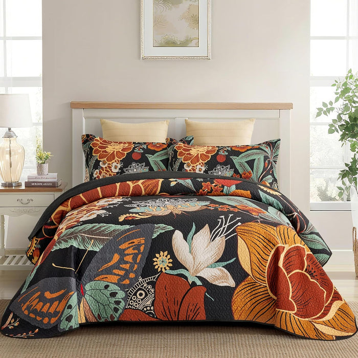 3 Piece Black Boho Floral King Size Quilt Sets Reversible Farmhouse Botanical Lightweight Bedspread Coverlet with 2 Shams Mid Century Microfiber Fall Bedding Quilts Set for All Season,106''x96''