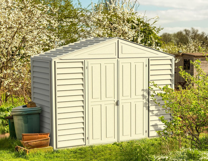 Duramax SidePro 10.5 Ft. x 3 Ft. Vinyl Garden Storage Shed | Made of Fire Retardant PVC Resin, All-Weather, Waterproof Outdoor Solution, Store Bikes, Tools, BBQ, Home Gym | Strong Metal Roof Structure