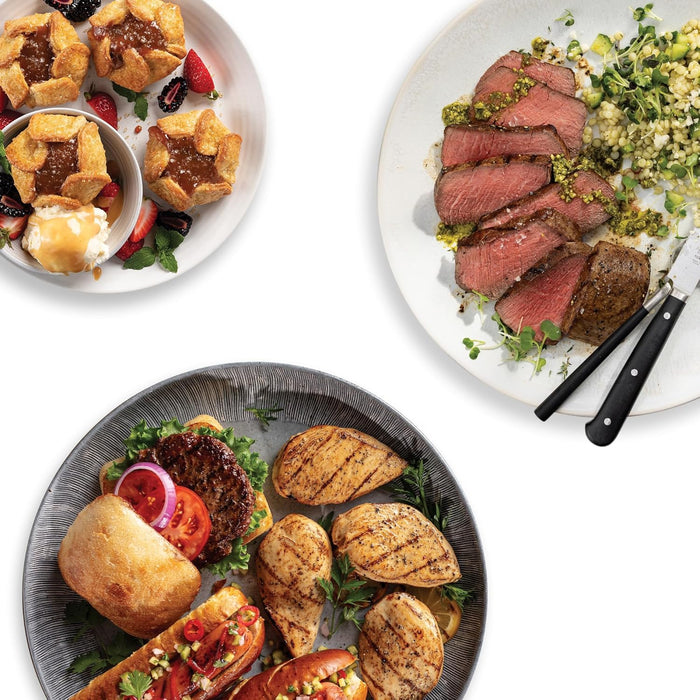 Omaha Steaks Deluxe Gift Package (4 Bacon-Wrapped Filet Mignons, 4 Steak Burgers, 4 Gourmet Jumbo Franks, 4 Au Gratin Potatoes, 4 Caramel Apple Tartlets, 1 jar Omaha Steaks Seasoning)