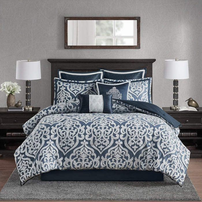 Madison Park Odette Cozy Comforter Set Jacquard Damask Medallion Design - Modern All Season, Down Alternative Bedding, Shams, Decorative Pillow, King(104 in x 92 in), Tan 8 Piece
