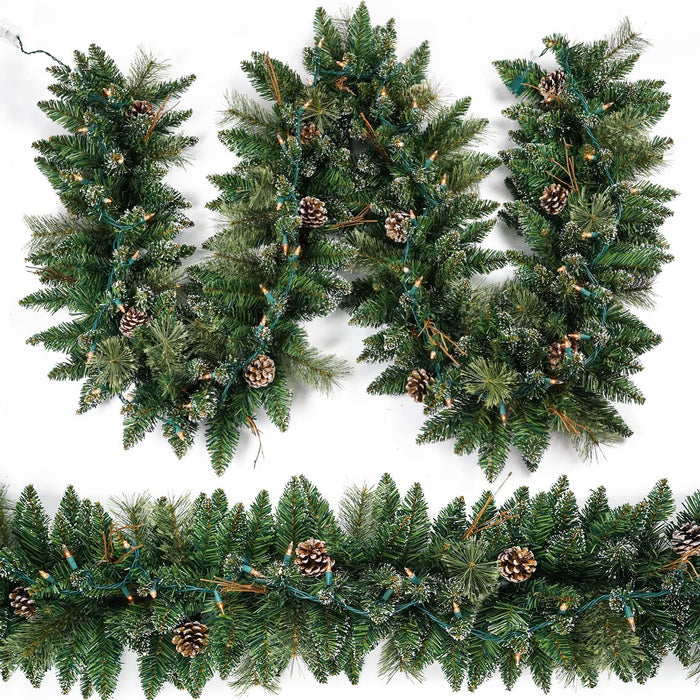 Christmas Garland Prelit 9 Ft Battery Operated with 50 Led Lights, Pine Cone and Snow Style Xmas Garland, Christmas Decor for Mantle StairIndoor Outdoor
