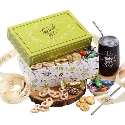 Broadway Basketeers Thank You Chocolate and Sweets Gift Box with a large 16oz. Insulated Thank You Gift Mug Express Your Wishes with This Fun Filled Gift Box with Mom Dad Friends