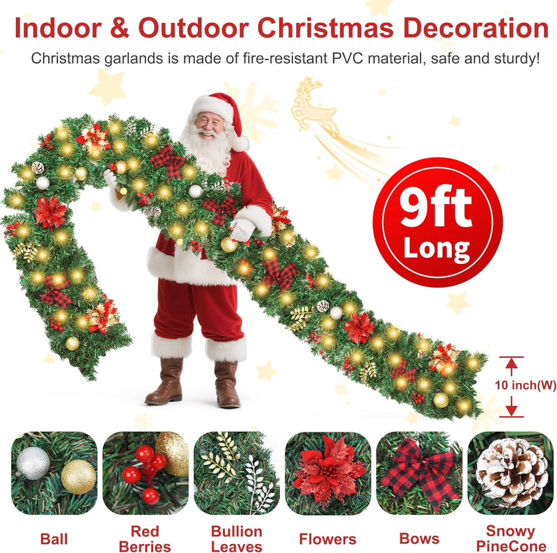 9FT Christmas Garland Decorations, Pre-Lit Christmas Garland with 60 LED Lights, Garlands for Mantle with Pine Cones, Flower, Berries, Bows, Ball, Leaves, Indoor & Outdoor Christmas Decor