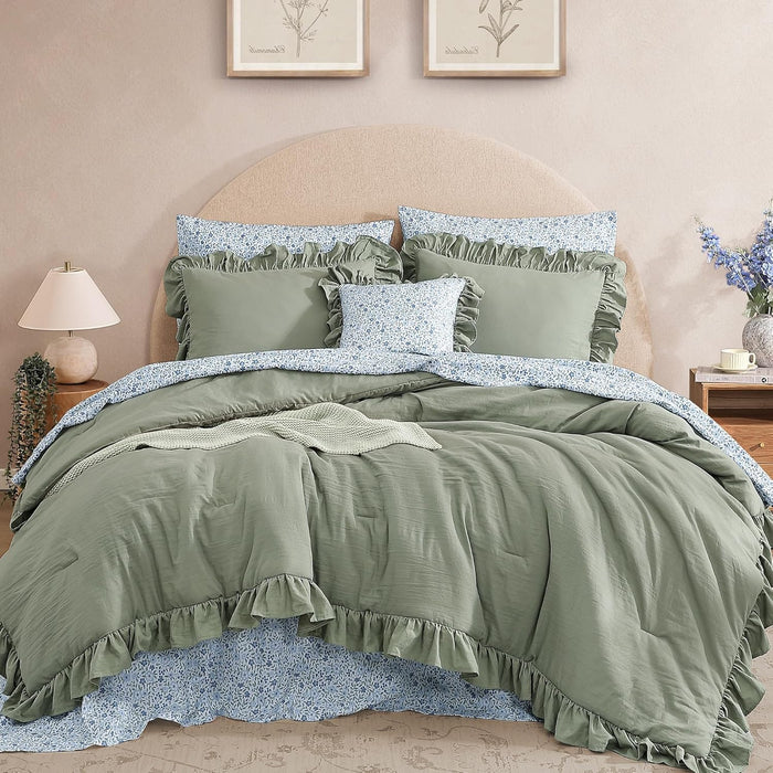 Queen Comforter Set - 7 Pieces Ruffle Purple Bedding Sets, Shabby Chic Farmhouse Bed in a Bag Queen with Ruffle Comforter, Floral Sheets, Pillowcases & Shams