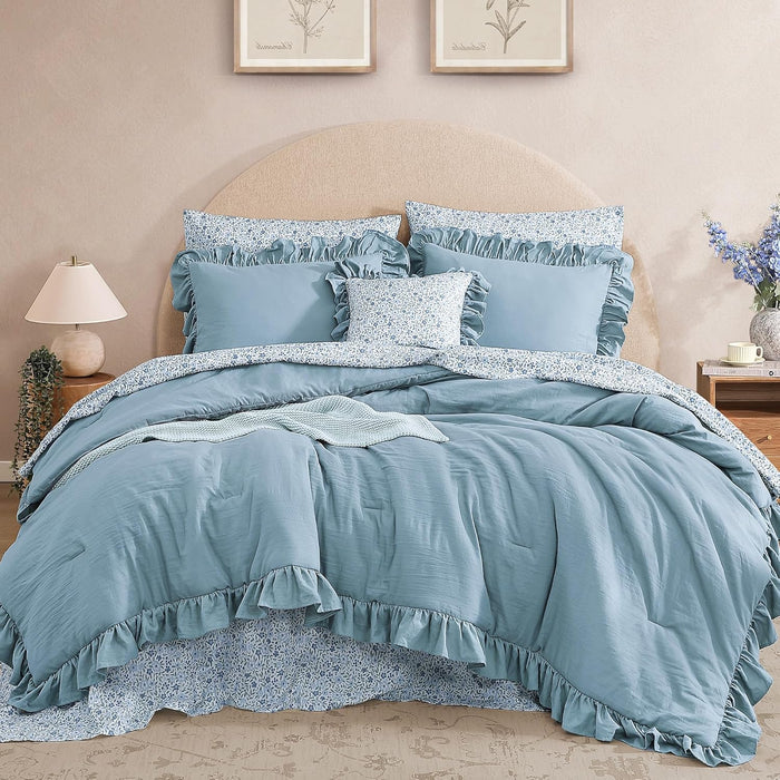 Queen Comforter Set - 7 Pieces Ruffle Purple Bedding Sets, Shabby Chic Farmhouse Bed in a Bag Queen with Ruffle Comforter, Floral Sheets, Pillowcases & Shams