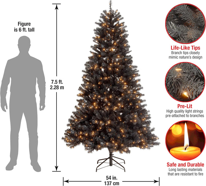 National Tree Company Pre-Lit Artificial Full Christmas Tree, Black, North Valley Spruce, White Lights, Includes Stand, 7.5 Feet