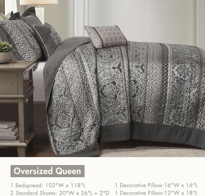 Madison Park Traditional Damask Design All Season, Lightweight Coverlet Bedspread Bedding Set, Matching Shams, Pillows, (102"x118"), Bellagio, Jacquard Grey, 5 Piece