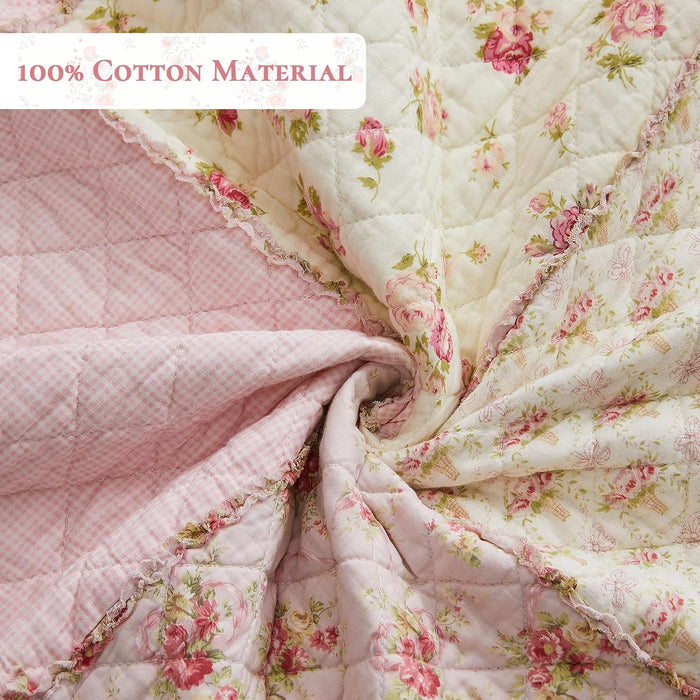 Cozyholy Queen Size Quilt Set 3-Piece, 100% Cotton Patchwork Quilt, Pink Floral Reversible Shabby Chic Bedding Bedspread for All Season, Soft Quilted Blanket with 2 Pillow Shams Machine Washable